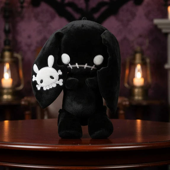 Black gothic bunny plush backpack with stitched details