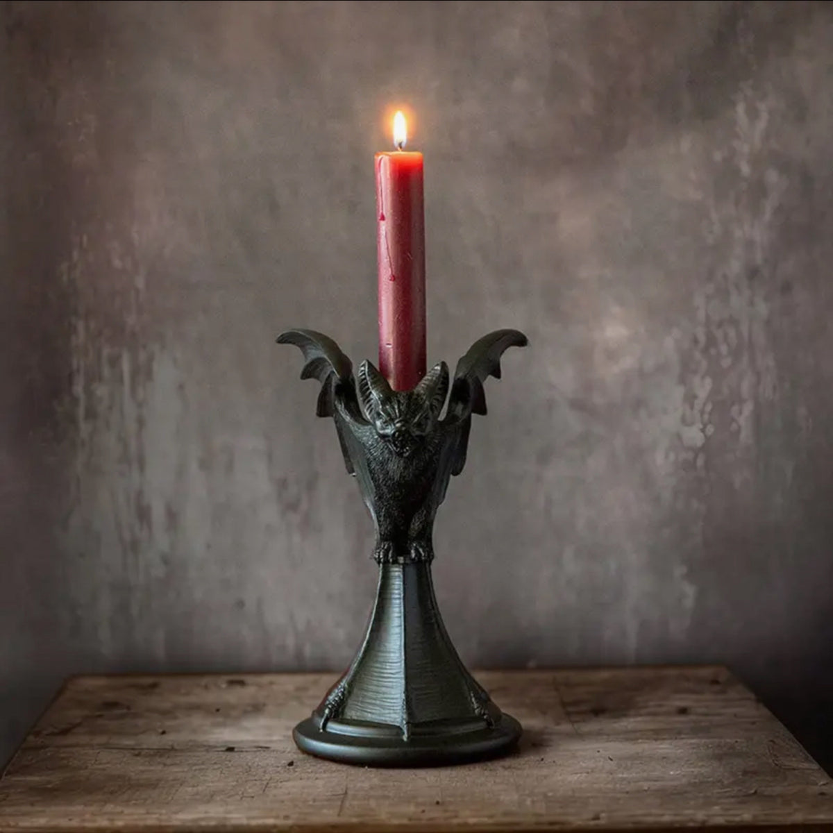 Front view of the black Bat Gothic Candle Holder