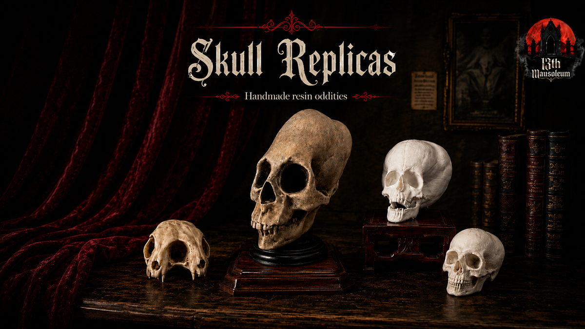 Cyclops fetal skull replica displayed on a dark pedestal
