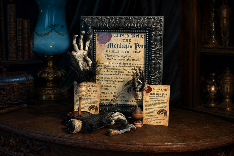 Cursed Relics monkey paw display in a gothic curiosity room