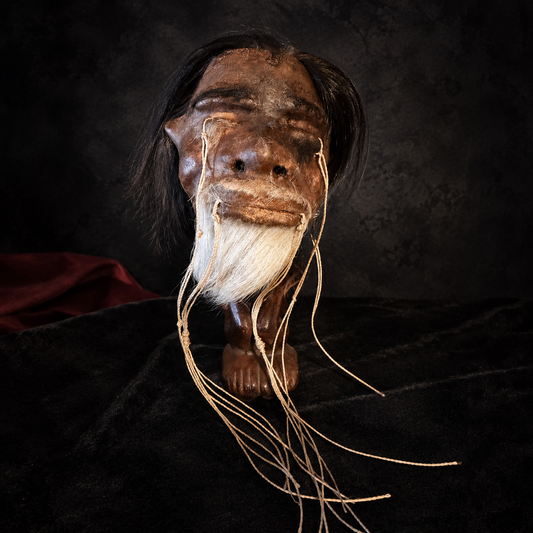 Alpaca Hide Shrunken Head Replica – Long Black Hair & White Beard