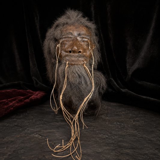 Alpaca Hide Shrunken Head Replica – Wild Gray Hair & Beard