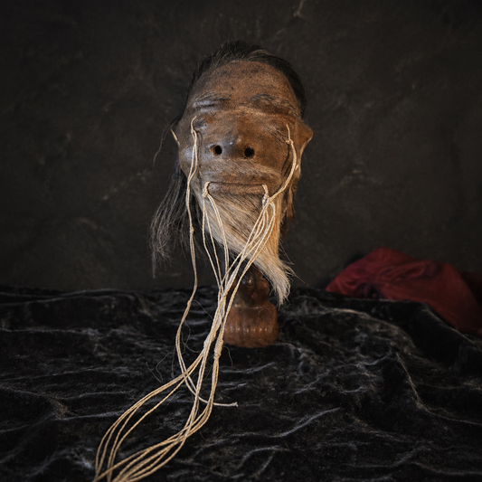 Alpaca Hide Shrunken Head Replica – Black Hair & White Goatee