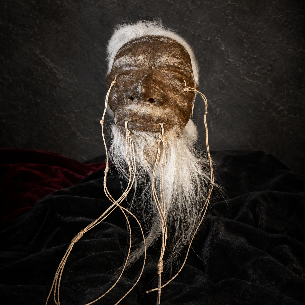 Alpaca Hide Shrunken Head Replica – Long White Hair & Beard