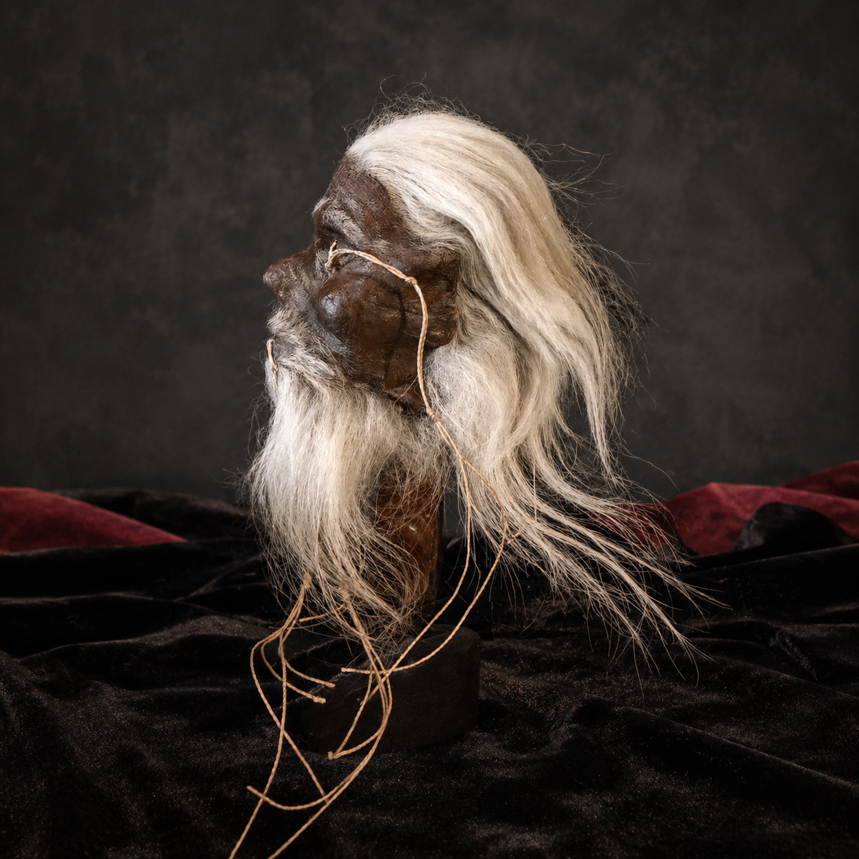 Alpaca Hide Shrunken Head Replica – Long White Hair & Beard