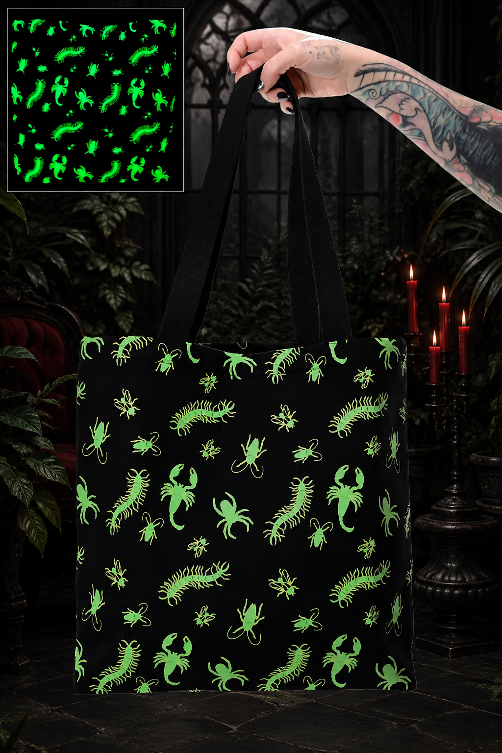 Foxblood Creepy Crawler Tote Bag - Glow in the dark