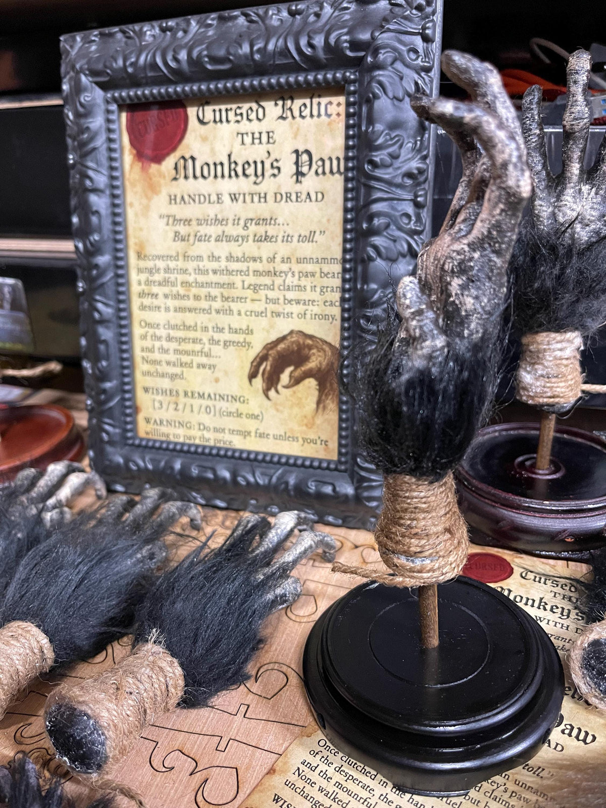 A decorative monkey's paw prop featuring dark fur and a wrapped twine base, mounted on a black circular stand. Beside it sits a framed sign titled Cursed Relic: The Monkey's Paw, which includes text about granting three wishes.