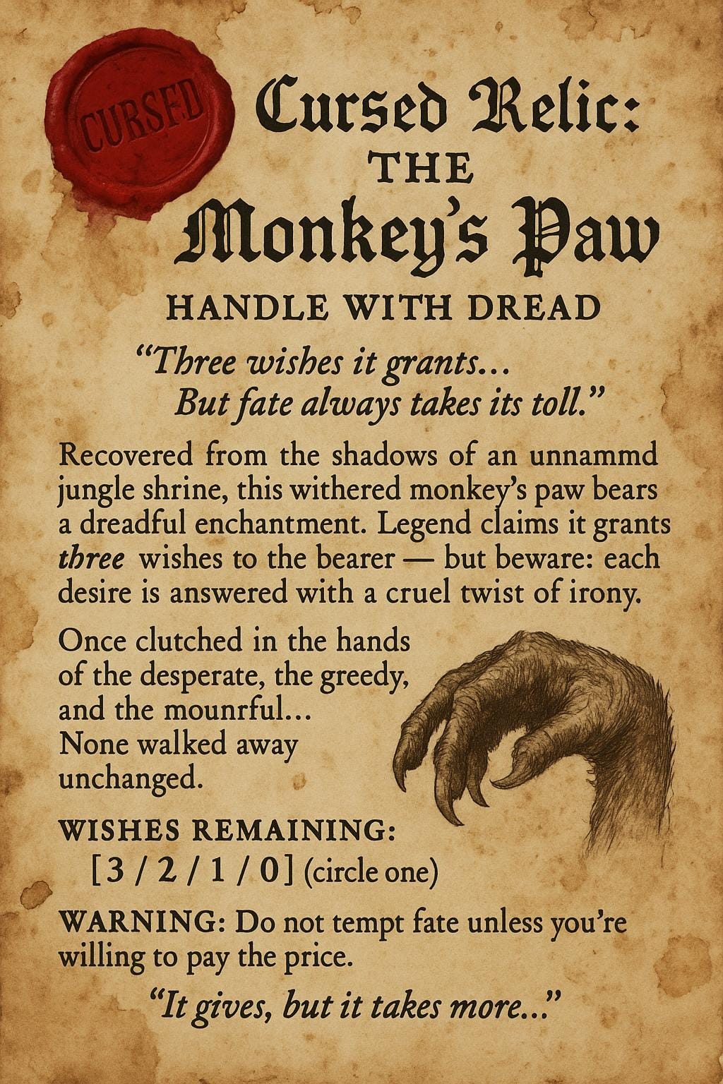 Cursed Monkey Paw for curiosity cabinet