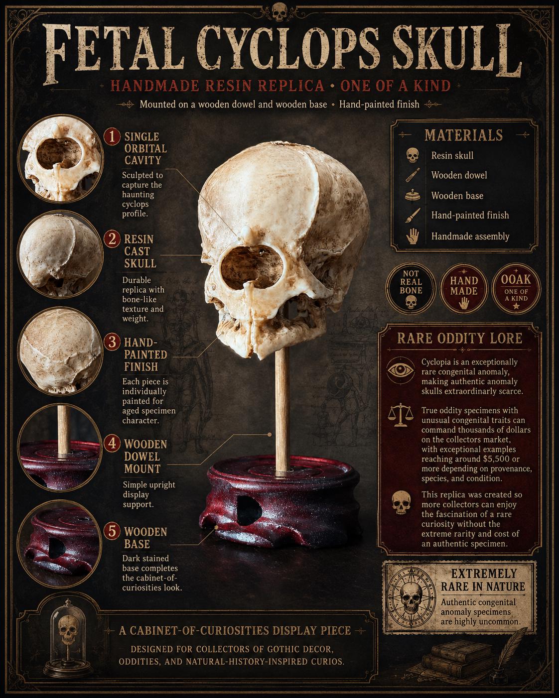 Cyclops Fetal Skull Specimen | Gothic Oddities Display | Cabinet of Curiosities Decor