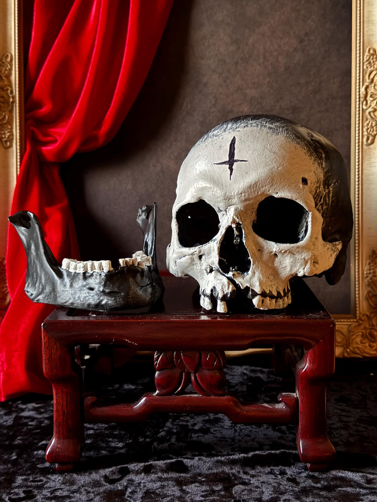 Voodoo Painted Human Skull Replica | Hand-Painted Ritual Markings | Gothic Altar Decor | Occult Curio