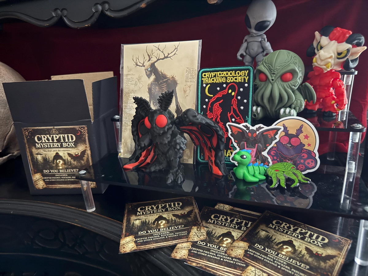 Cryptid Collector Bundle Gift Set | Bigfoot Mothman Chupacabra Figures, Stickers & Pins | Gothic Gift