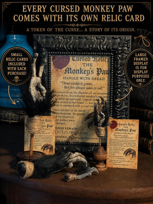 A collection of three monkey paw props with black fur and twine wrapping, two mounted on wooden stands. Includes two printed relic cards titled Cursed Relic: The Monkey's Paw and a large framed display sign with the same text.