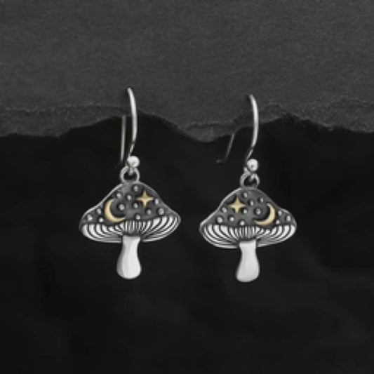 Silver Mushroom Earrings with Bronze Star and Moon